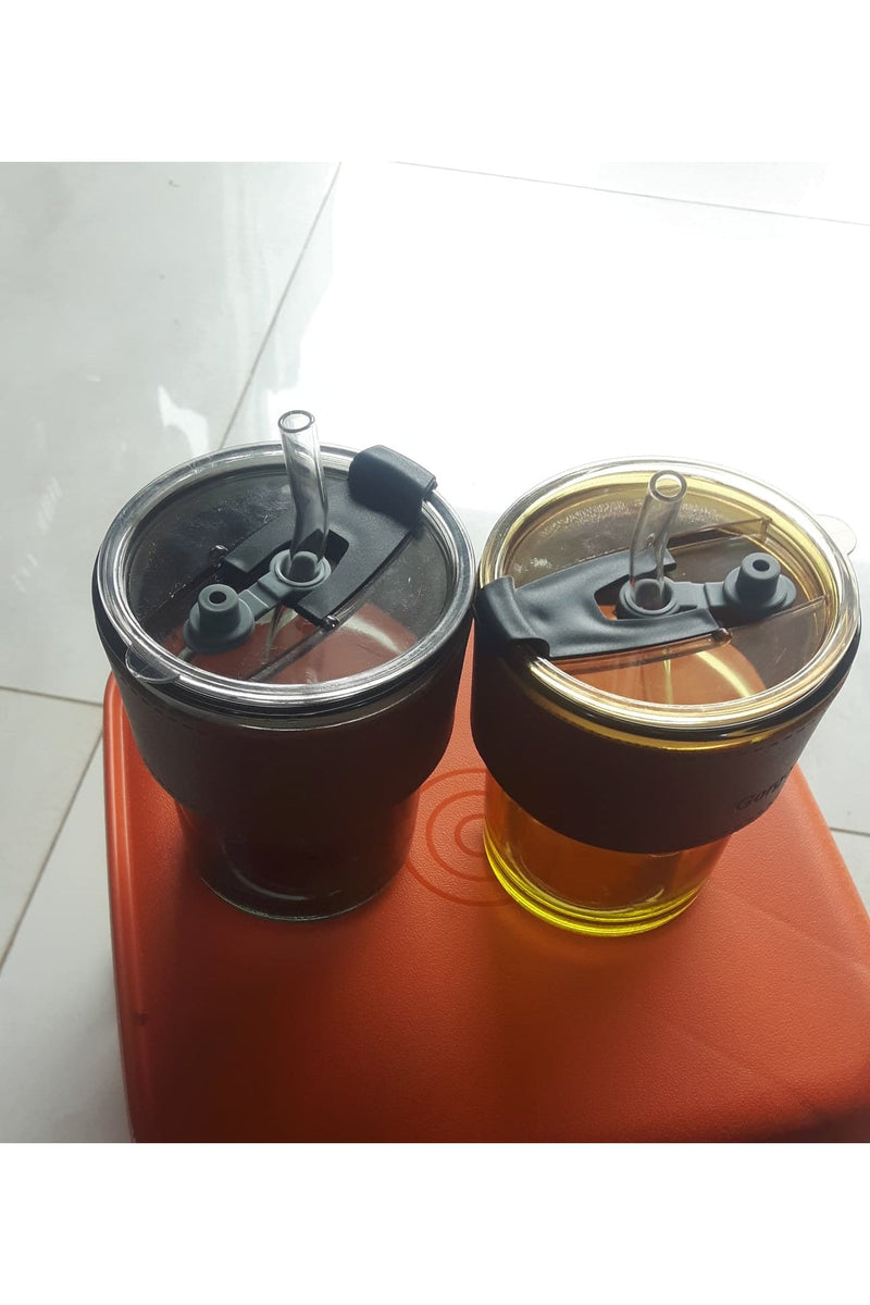 Double-Layer Transparent Drink Cups with Straw & Grip