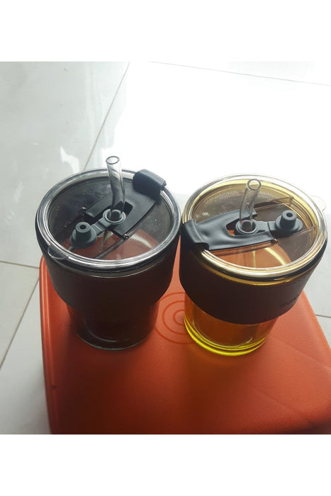 Double-Layer Transparent Drink Cups with Straw & Grip