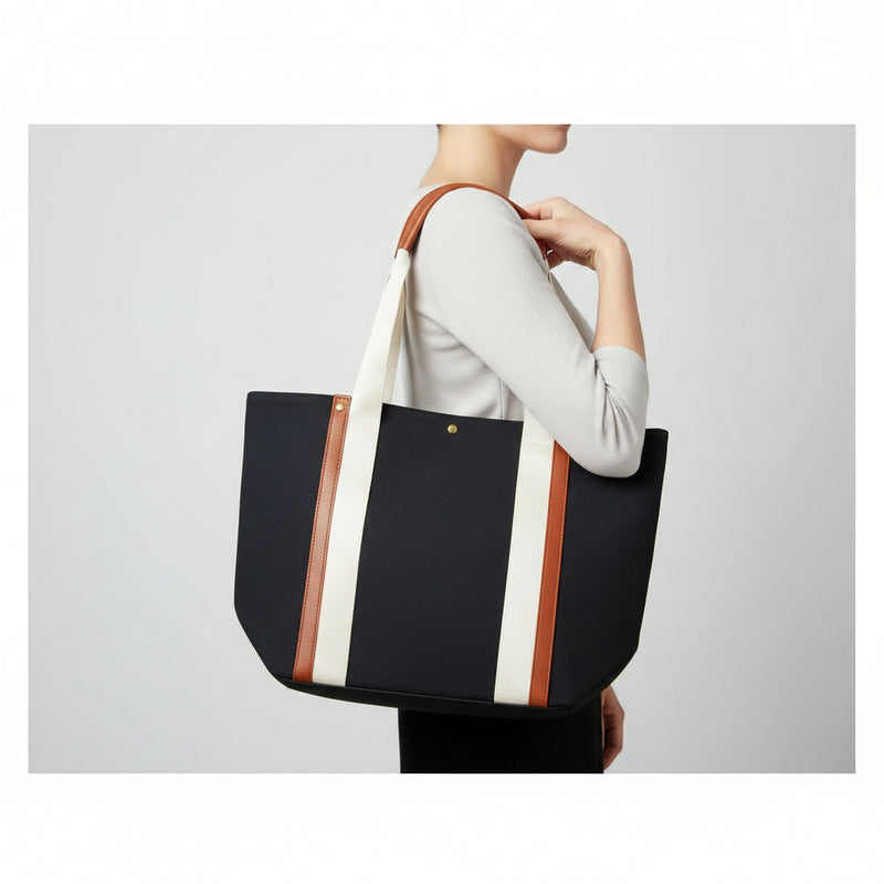 Chloé Canvas Tote Bag with Leather Details – Navy Blue & Brown
