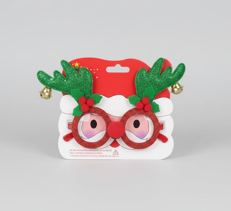 Red Glitter Christmas Glasses with Green Antler Design