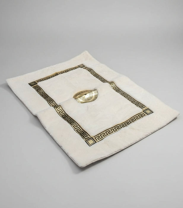 White & Gold Faux Fur Versace-Style Rug with Greek Key Border