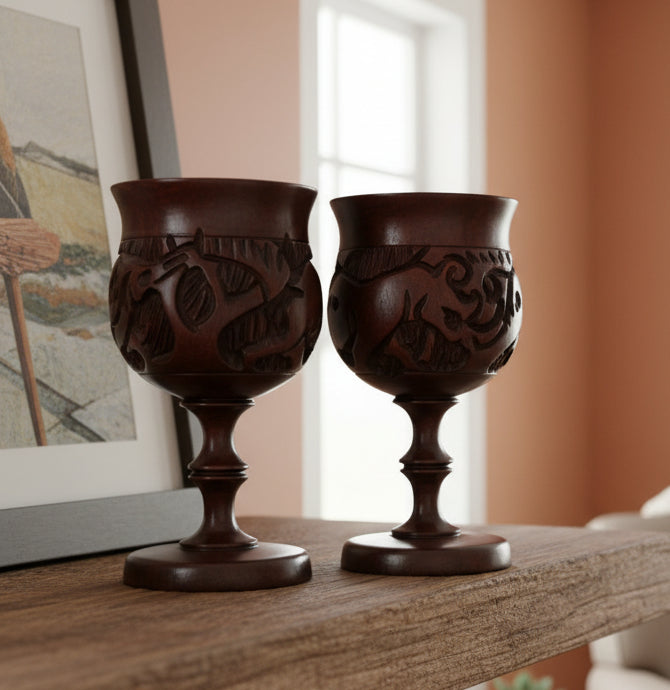 Hand-Carved Wooden Goblets with Animal Motif – Elegant Traditional Cups