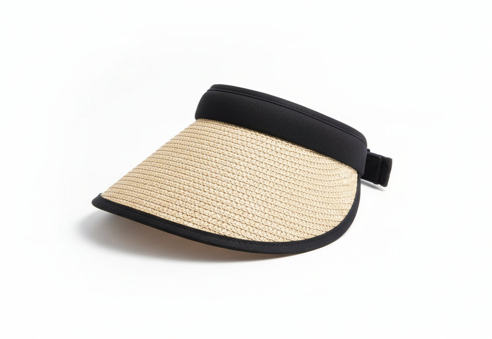 Wide-Brimmed Straw Sun Visor Hat with Black Trim