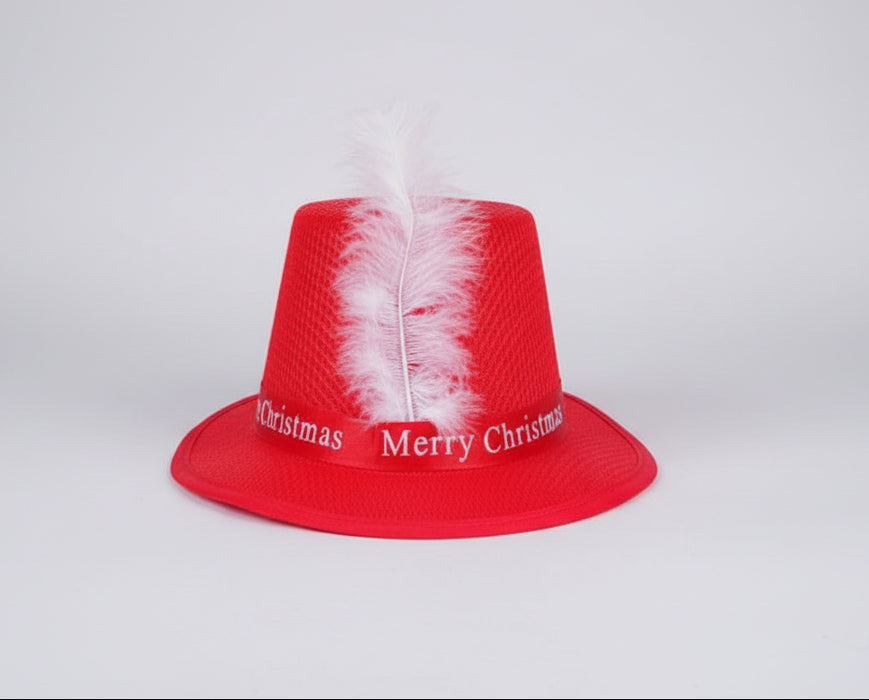 Festive Red “Merry Christmas” Party Hat with White Feather