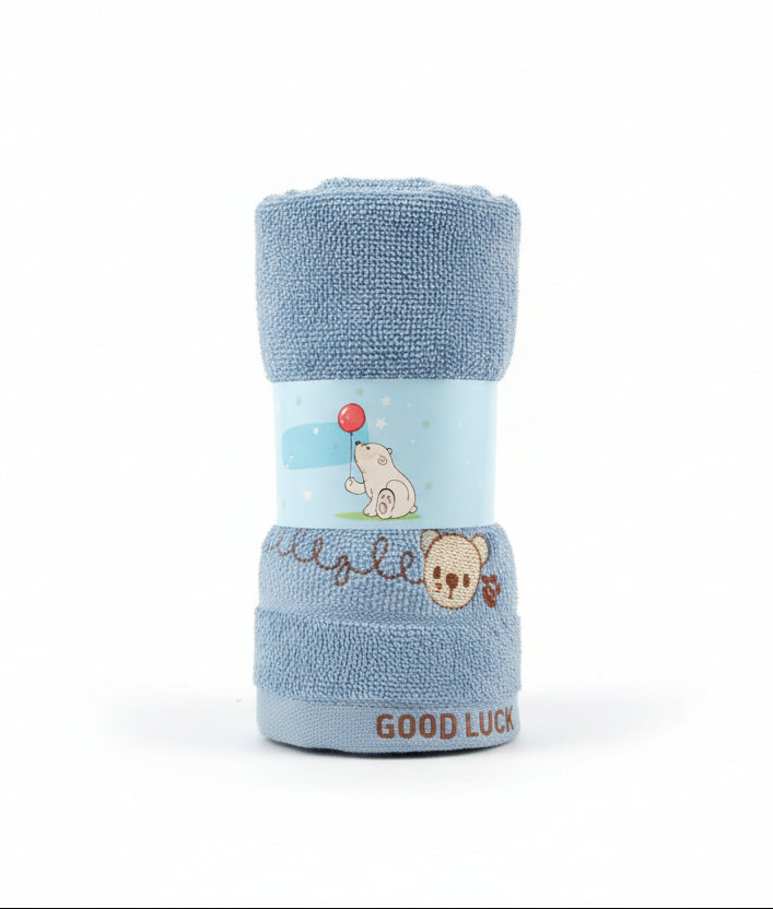 Blue Cotton Face & Hand Towel with Cartoon Bear Embroidery – “GOOD LUCK”