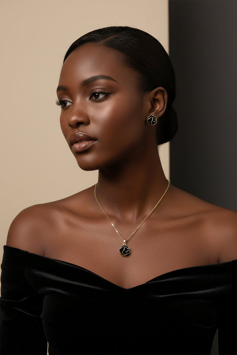 Welady Gold-Plated Rose Flower Necklace & Earrings Set with Black Enamel