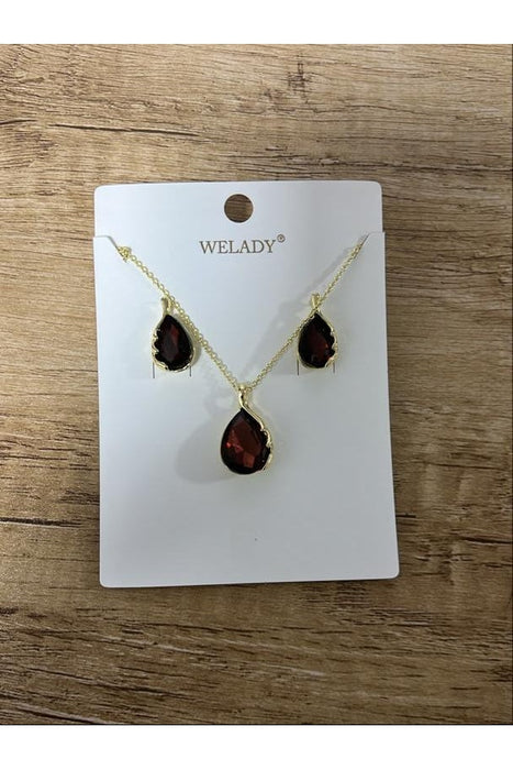 WELADY® Gold-Toned Necklace & Earrings Set with Red Garnet Teardrop Pendants