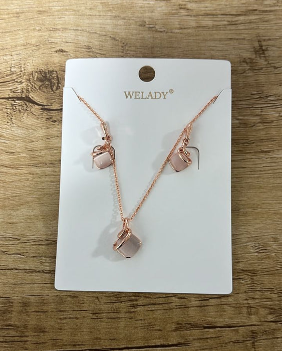 Welady Rose Gold-Toned Necklace & Earring Set with Square Pink Stone Pendants