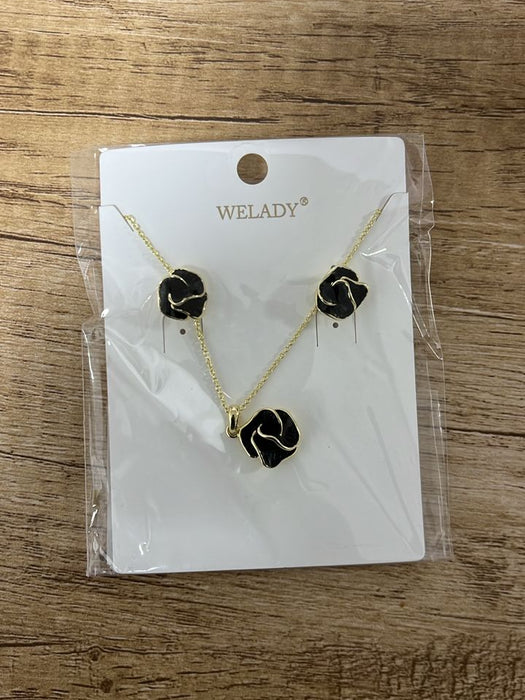 WELADY Black Rose Flower Necklace & Earrings Jewelry Set