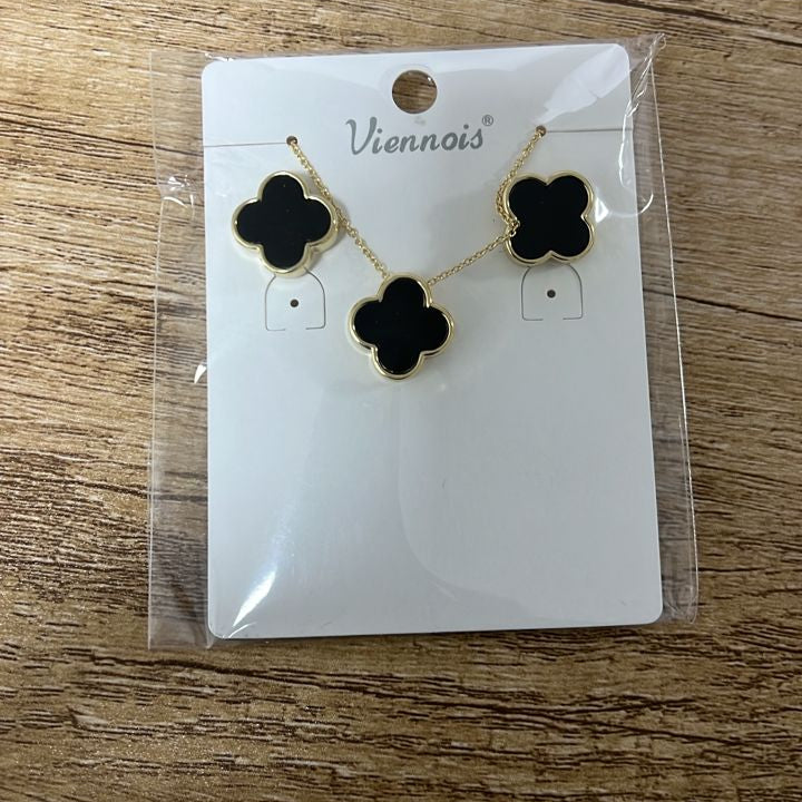 Viennois Gold-Plated Four-Leaf Clover Necklace & Earrings Set with Black Enamel Accents