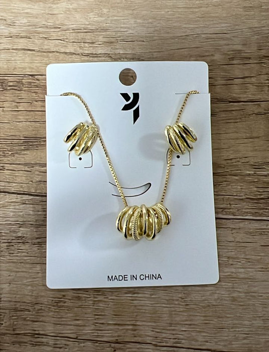 Gold-Toned Necklace & Earrings Set with Stacked Circular Designs