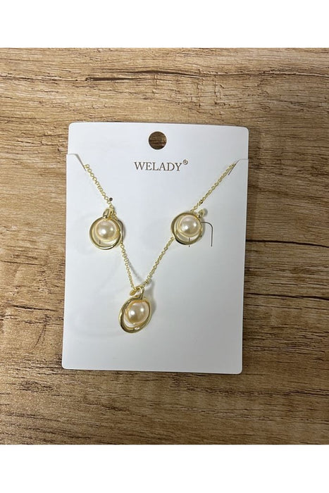 WELADY Gold-Tone Pendant Necklace & Stud Earrings Set with Faux Pearls