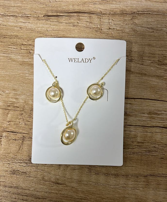 WELADY Gold-Tone Pendant Necklace & Stud Earrings Set with Faux Pearls