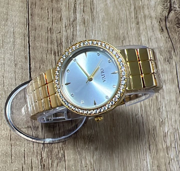 Gold-Tone Rhinestone Bezel Women’s Bracelet Watch with Light Dial