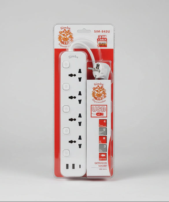 Simba Super Extension Socket SIM-B43U – 4 AC Outlets with 3 USB Charging Ports 3M