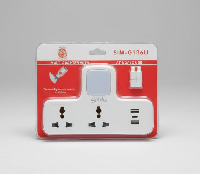 Simba SIM-G136U Multi-Adapter – Dual Universal Sockets with USB Ports & LED Night Light