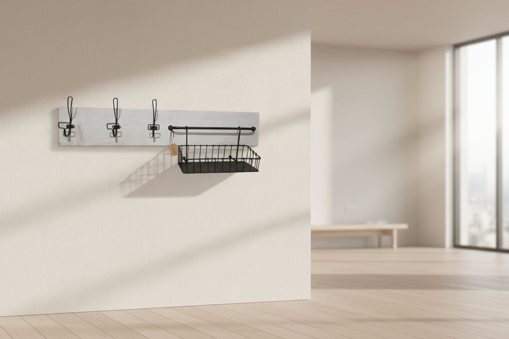 Wall-mounted coat rack with hooks and a small shelf