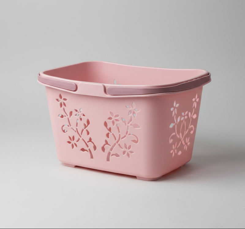 Kuber Industries Multipurpose Pink Plastic Storage Basket with Floral Cutout Design