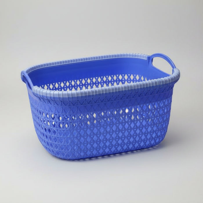 Small Blue Plastic Rattan-Style Storage Basket with Handles