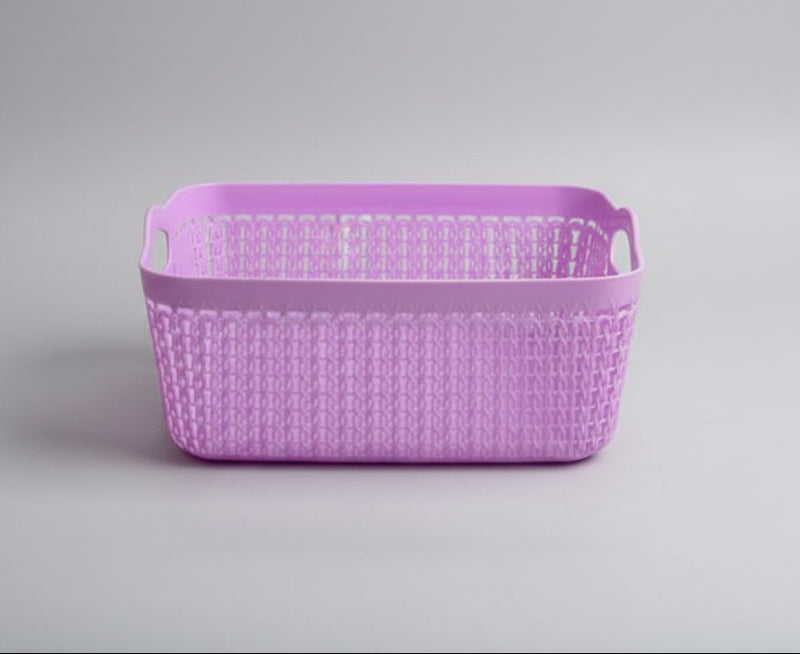 Pink Plastic Rectangular Storage Basket with Woven Rattan Design and Handles