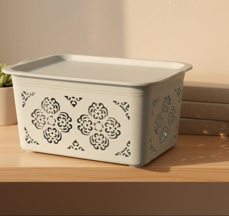 Rectangular Plastic Storage Basket with Lid and Decorative Cutouts