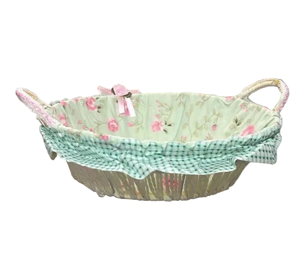 Pastel Green and Pink Floral Fabric-Lined Wicker Storage Basket