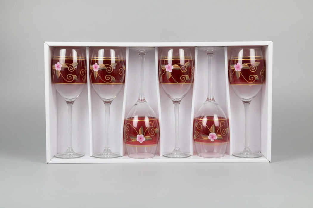 Vintage Cranberry Glass Wine Set with Gold Trim 6pcs