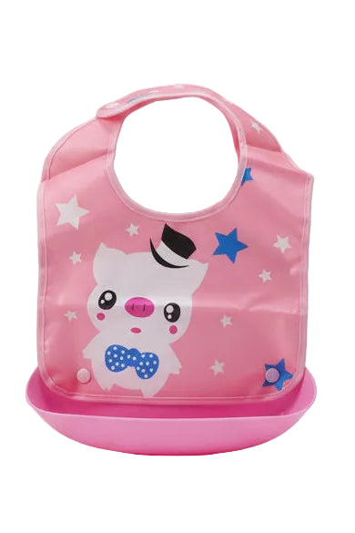 Waterproof Baby Bib with Cartoon Pig Design & Detachable Food Catcher