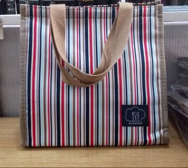 Striped Insulated Lunch Tote Bag with Beige Handles