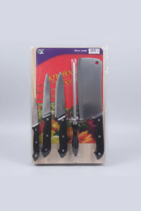 6-in-1 Kitchen Knife Set with Wooden Cutting Board – Stainless Steel Blades