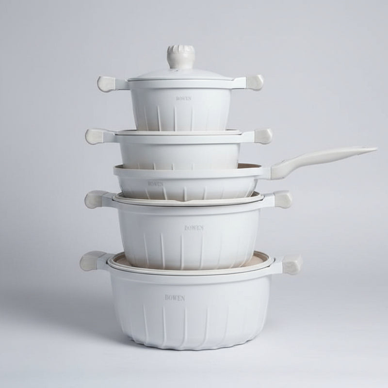 Bowen White Nonstick Cookware Set – Casseroles & Fry Pan with Lids