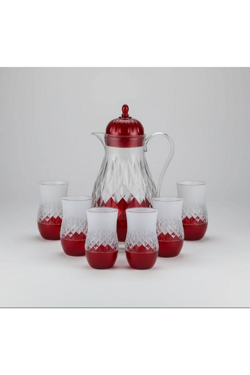 JIE HUIOMEI Glass Water Jug and Glass Set – 7-Piece Red Base Design