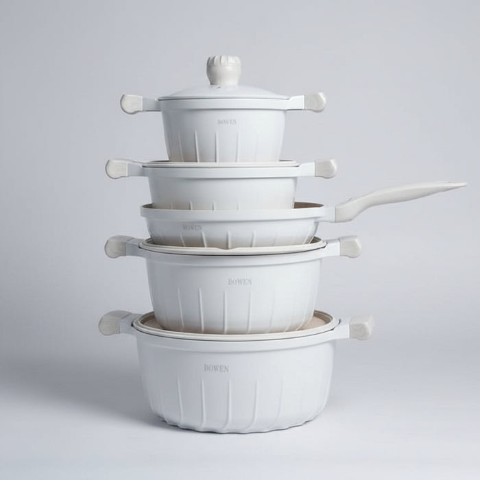 Bowen White Nonstick Cookware Set – Casseroles & Fry Pan with Lids