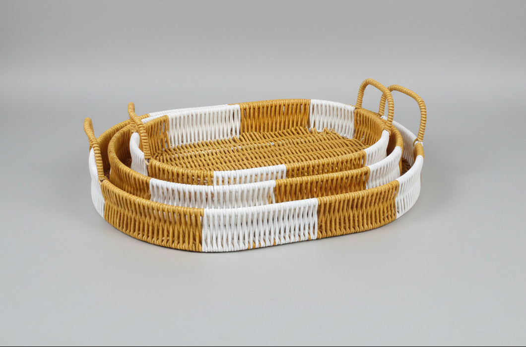 Set of 3 Handwoven Oval Serving Trays with Handles – Durable Rattan-Style Polypropylene