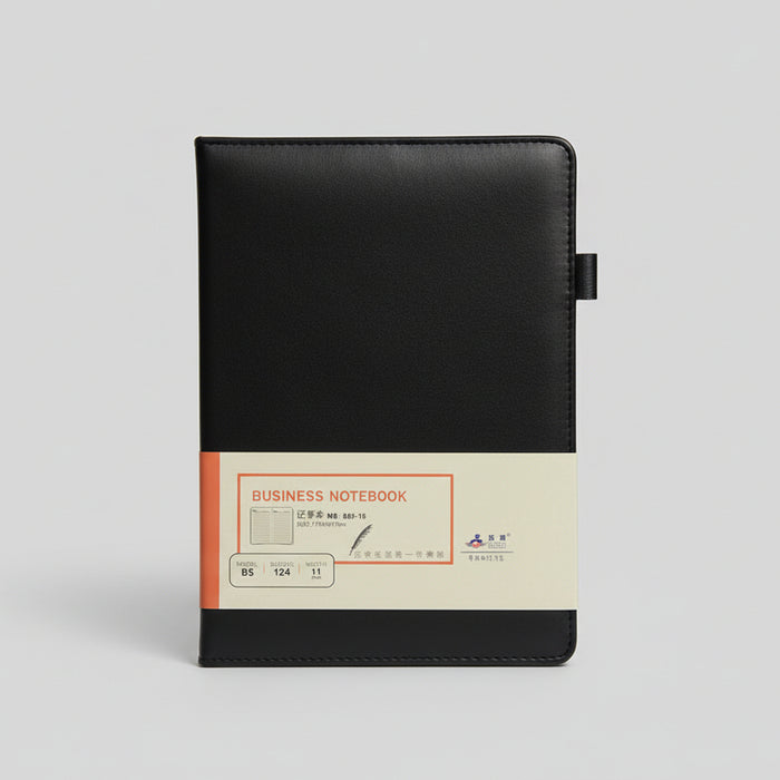 B5 Business Notebook – 124-Sheet Black Leather Cover with Pen Holder
