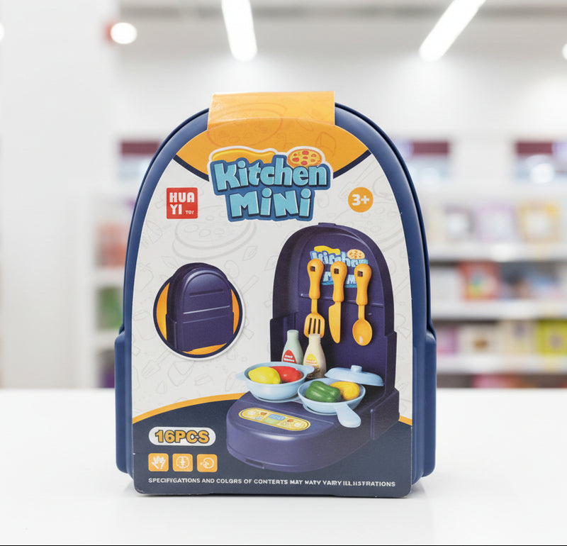 HUA YI Portable Mini Kitchen Toy Set – 16-Piece Foldable Backpack Playset( small)