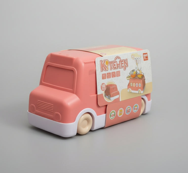 Joy Stories 2-in-1 Pink Bus Toy Kitchen Set – 18-Piece Pretend Play Adventure