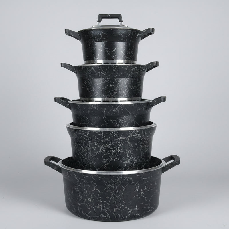 Marble-Pattern Non-Stick Cookware Set with Lids – Durable Cooking Pots Set 5pcs