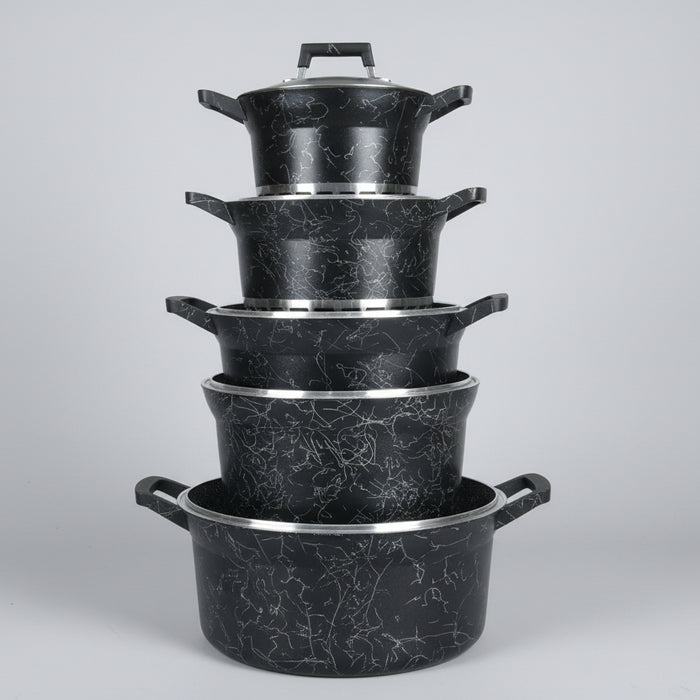 Marble-Pattern Non-Stick Cookware Set with Lids – Durable Cooking Pots Set 5pcs