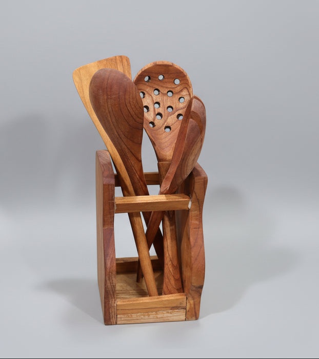 Küchenhelfer-Set aus Holz mit Halter – Koch- und Servierlöffel & Pfann —