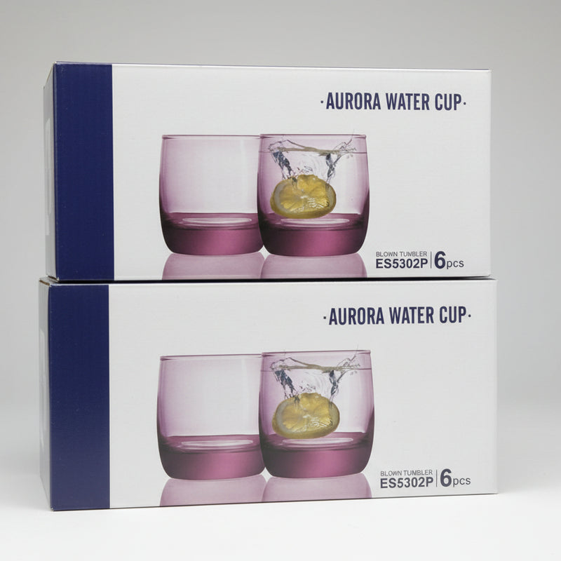 Aurora Water Cup ES5302P – Set of 6 Blown Glass Tumblers with Pink-Purple Base