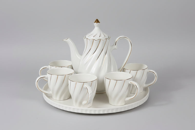 White & Gold Ceramic Teapot and Cup Set with Serving Tray 7pcs