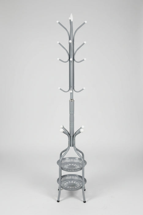 Standing Coat Rack with Integrated Storage Shelves