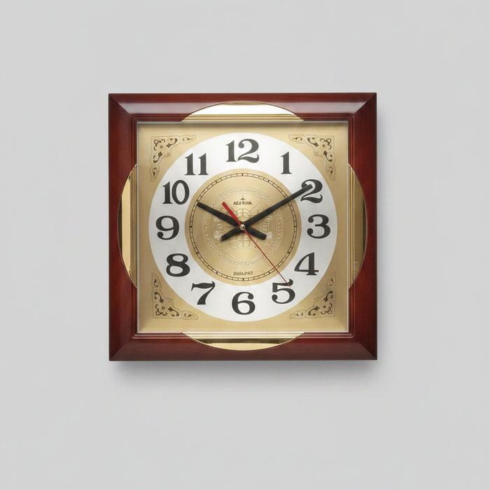 Square Wooden and Gold Wall Clock