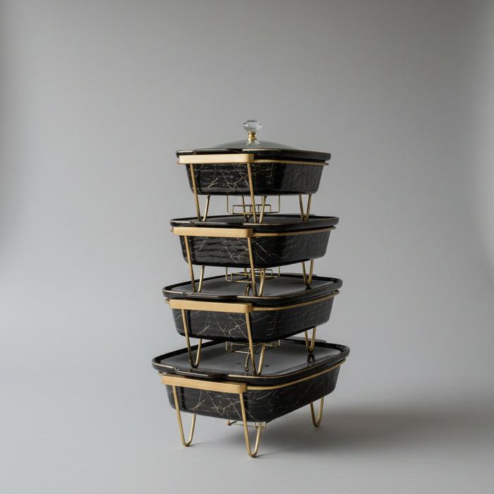 Black Marble Ceramic Chafing Dish Set with Gold Accents 5/Pieces