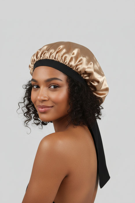 Premium Satin Hair Bonnet with Long Tie Band (Champagne Gold / Black)