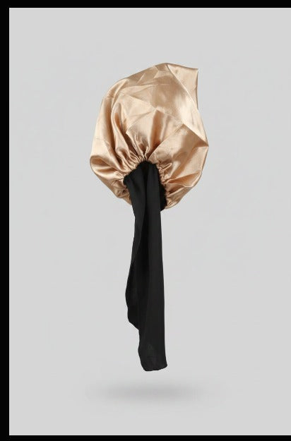 Premium Satin Hair Bonnet with Long Tie Band (Champagne Gold / Black)