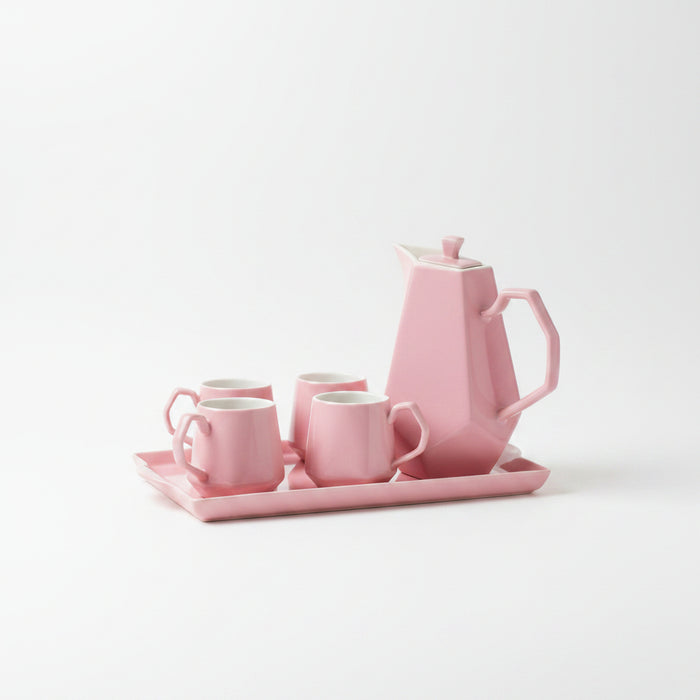 Ceramic Tea and Coffee Set with Serving Tray (Pink)