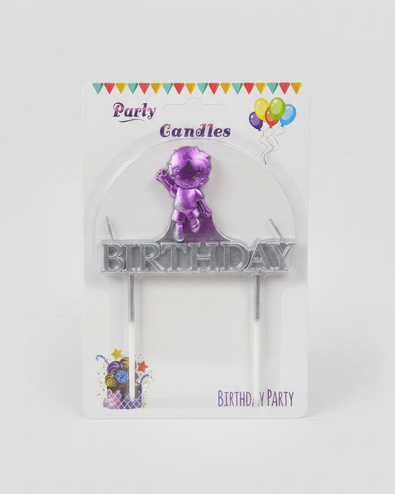 Metallic Silver and Purple Happy Birthday Cake Topper Candle Set