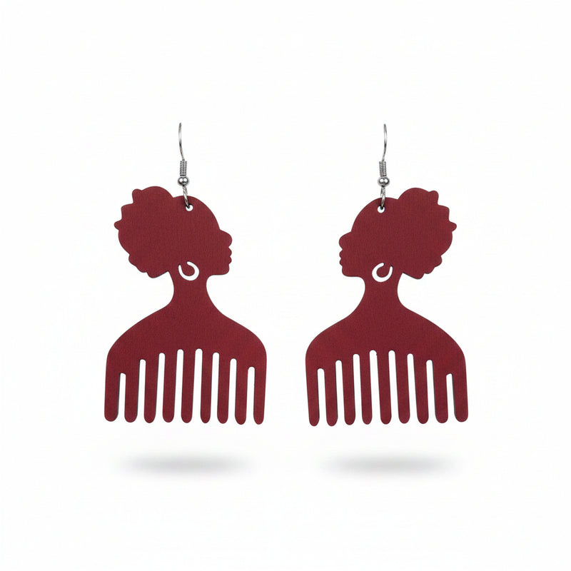 Afro Pick Silhouette Wooden Dangle Earrings
